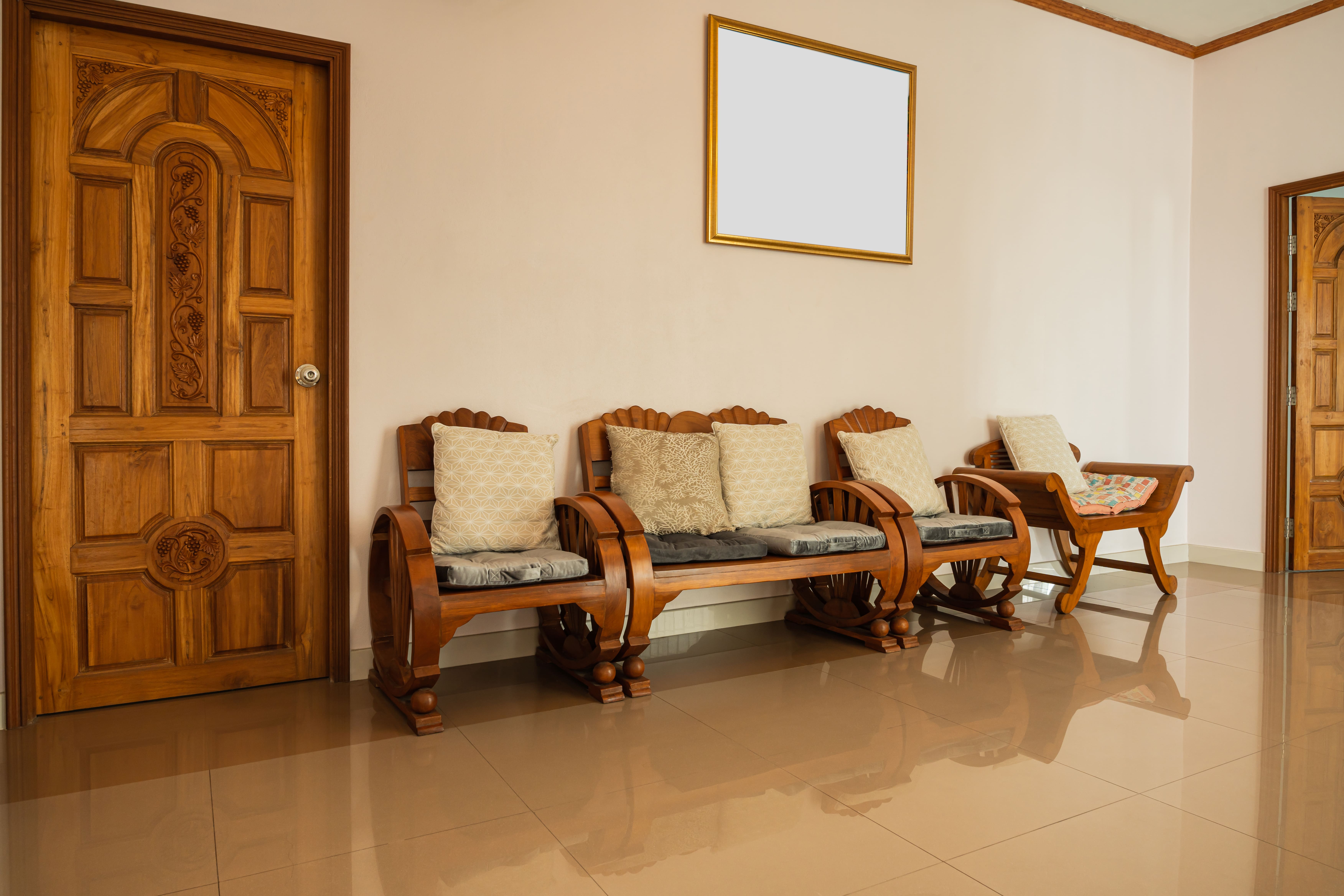 Elegant living room with custom wooden furniture and comfortable seating